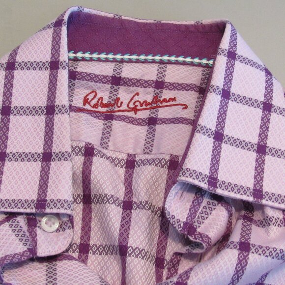 Robert Graham Shirt Purple Checks Diamond Shell Flip Cuffs Medium Never Worn EUC - Picture 4 of 13
